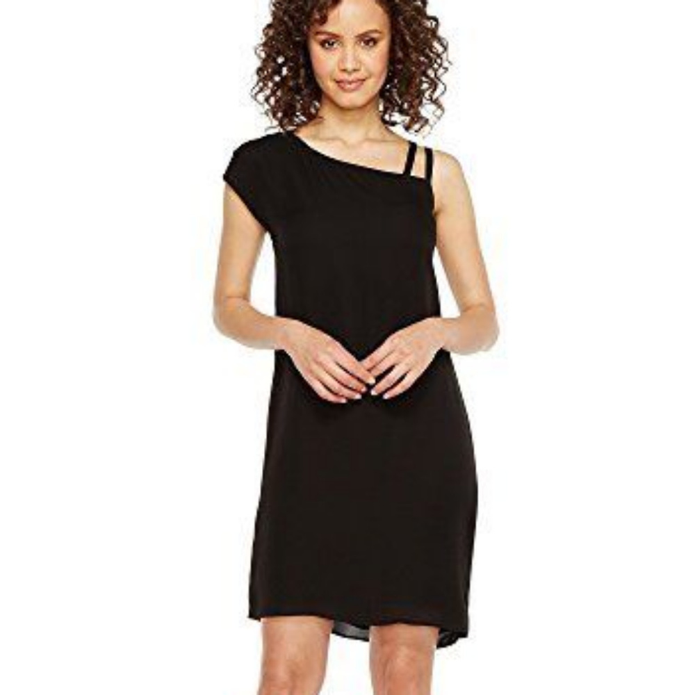 HEATHER 'BETTE' SILK ASYMMETRICAL DRESS BLACK LARGE NWOT
